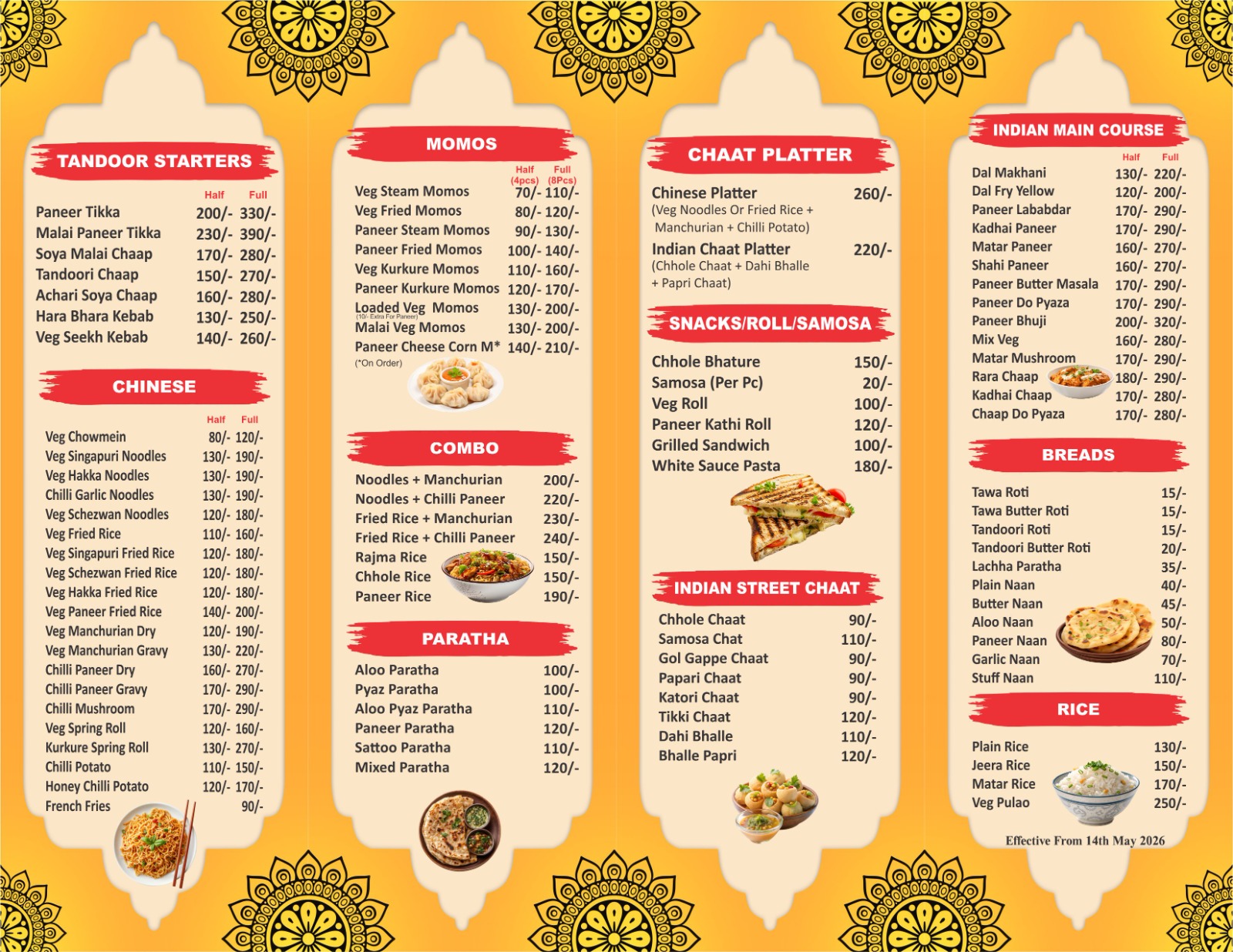 Krispy Kitchen printed menu — tandoor starters, Chinese, momos, chaat, main course, breads and rice