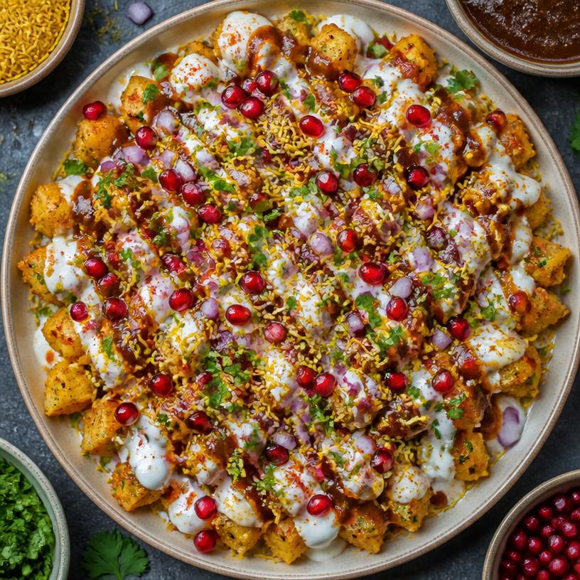 Platter of vibrant aloo chaat with curd, tamarind chutney and sev