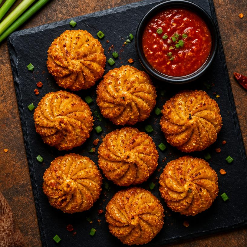 Crispy fried kurkure momos served with spicy red chutney