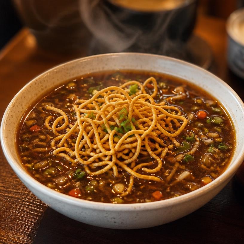 Authentic Manchow soup in a ceramic bowl with crispy noodles on top